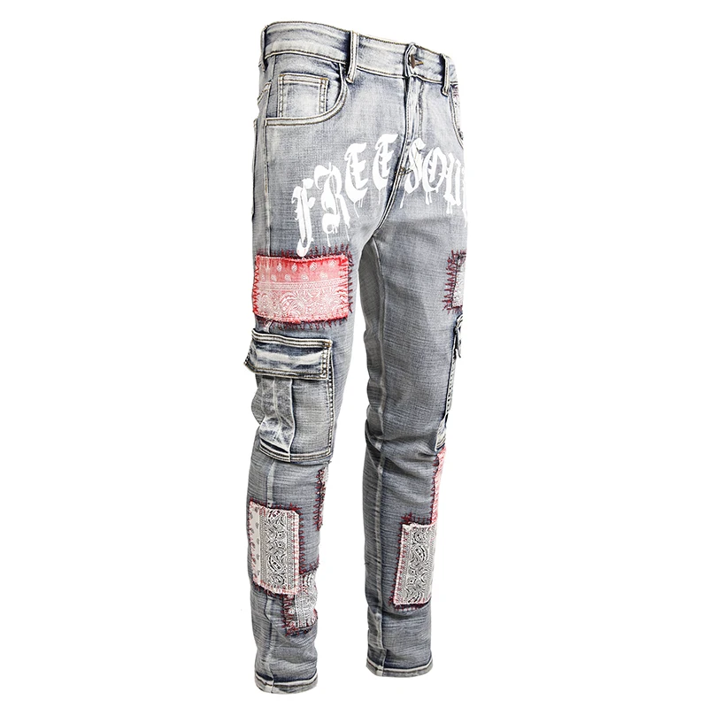 Jeans de motard en patchwork pour hommes, pantalons en denim décontractés, streetwear slim droit, jeans hip hop High Street