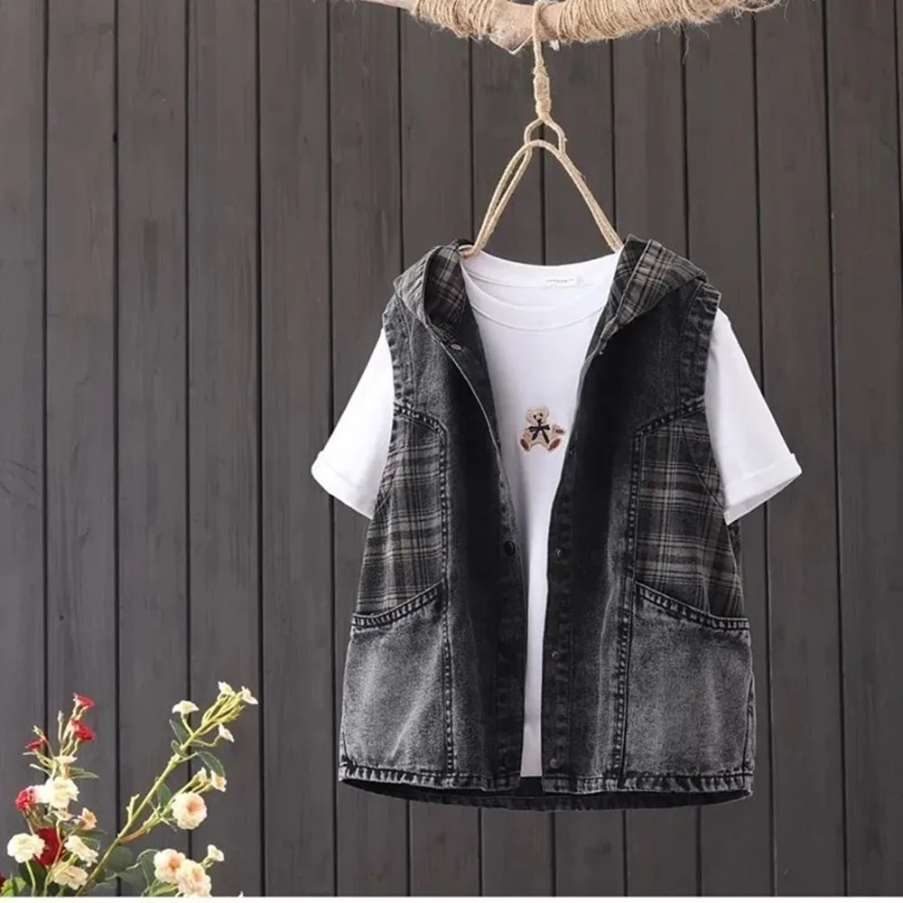 Spliced Plaid Hooded Denim Vest Jacket Women's Autumn Sleeveless Jeans Waistcoat Vests Women Jean Vest Coat Short Jackets Lady