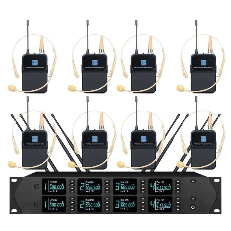 

8-channel UHF wireless microphone system, headset condenser microphone, suitable for church speeches and stage performances.