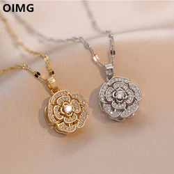 OIMG 316L Stainless Steel Gold Plated Temperament Fashion Rotatable Flower Full Rhinestone Pendant Necklace For Women Girl Party