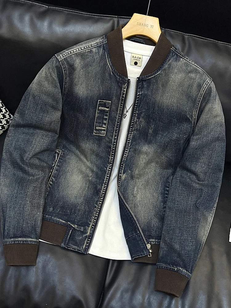 

Ретро-джинсовая куртка в американском стиле с бейсбольным воротником, мужская, весна-осень, приталенная, модная верхняя одежда, трендовая новинка 2025 года, мужская одежда