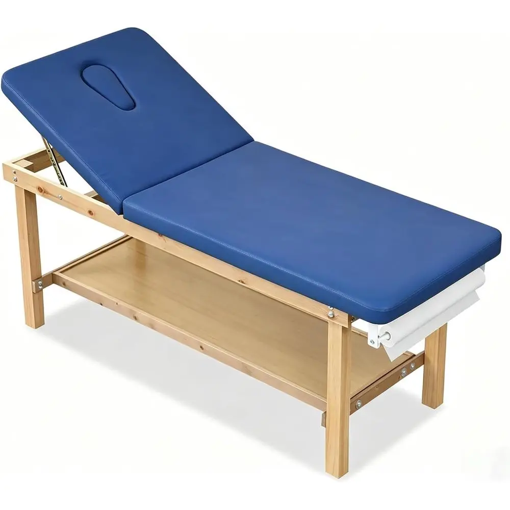 

27.5 Wide Blue Medical Exam Table with Roll Holder, Storage Shelf, 400 lbs Capacity, Hardwood, Comfortable Padding for Clinic &