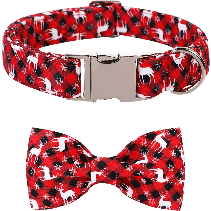 Unique Style Paws Personlized Christmas Dog Collar with Bow Red Plaid Deer Puppy Collar Flower Dog Collar Large Medium Small Dog