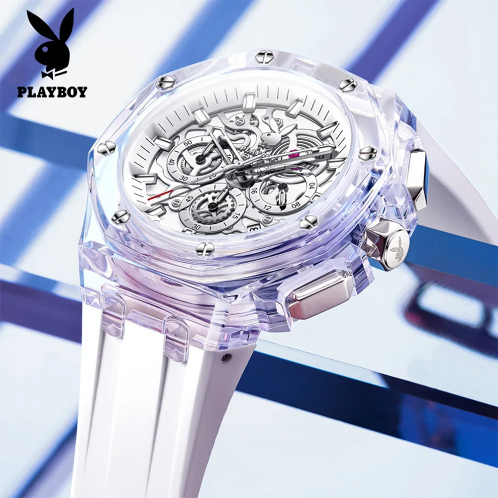 

Мужские часы PLAYBOY, кварцевые наручные часы с хронографом, водонепроницаемые деловые часы с силиконовым ремешком для мужчин, прозрачный корпус 3082