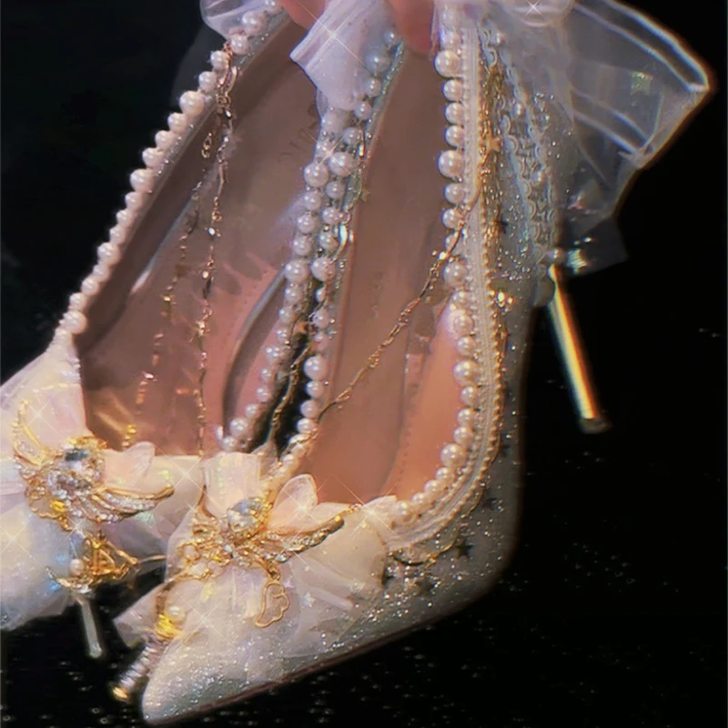 Lolita Elegant Palaca Girl Shoes Noble Party Lace Bowknot Pearls Gems Wedding Pointed Sandals Adult gift crystal high heels