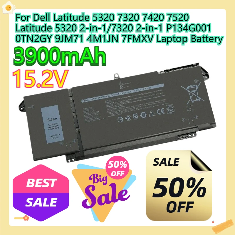 For Dell Latitude 5320 7320 7420 7520 Latitude 5320 2-in-1/7320 2-in-1 P134G001 0TN2GY 9JM71 4M1JN 7FMXV Laptop Battery