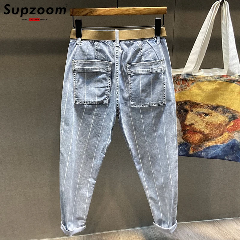 Supzoom 2023 New Arrival Top Fashion Light Striped Plaid Jeans Men Wash Nostalgic Male Popular Logo Spring And Autumn Pants