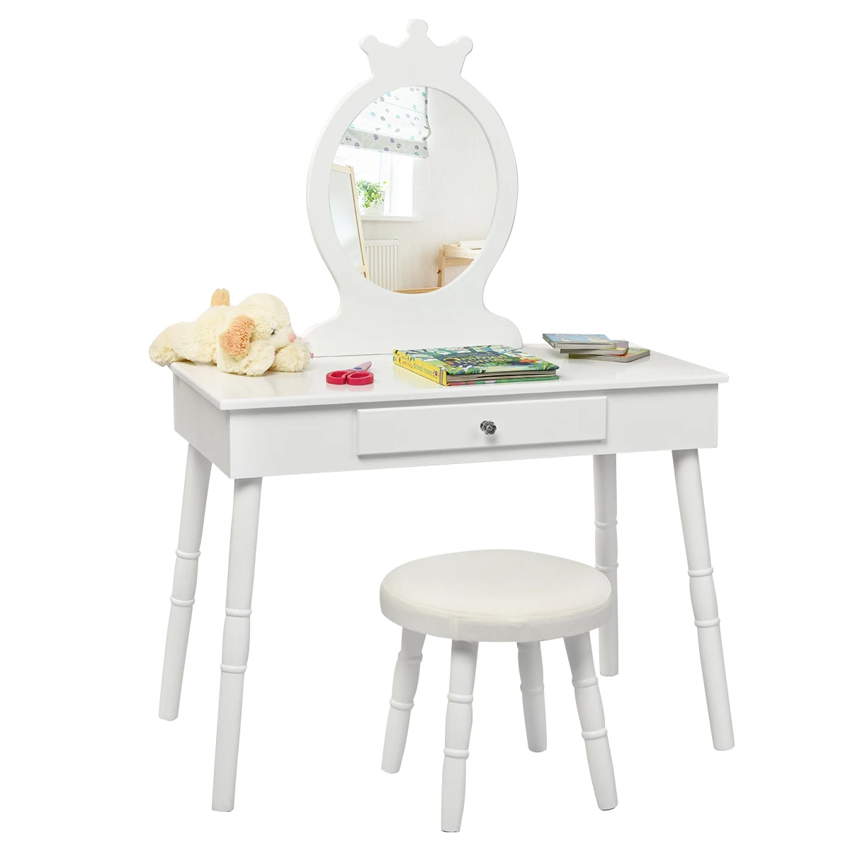 Kids Vanity Makeup Table & Chair Set Make Up Stool Play Set for Children White