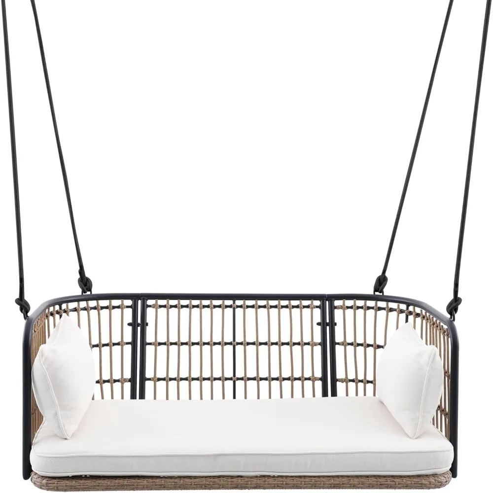

Remy 4 Foot Porch Swing with Cushions - Metal and Wicker Porch Swing with Hanging Ropes