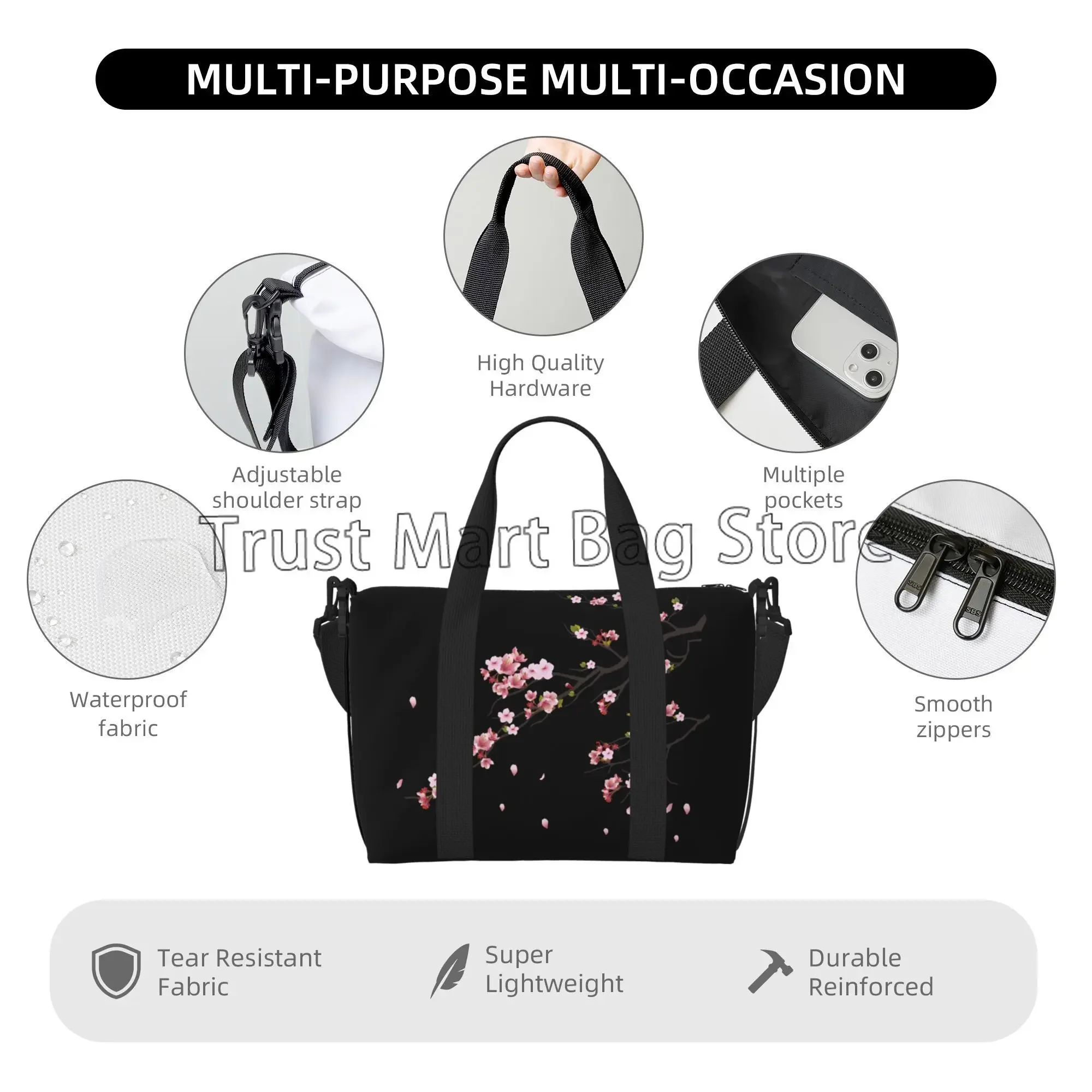 Japanese Sakura Cherry Blossoms Black Travel Bag Women Weekender Overnight Bags Unisex Casual Waterproof Luggage Bag