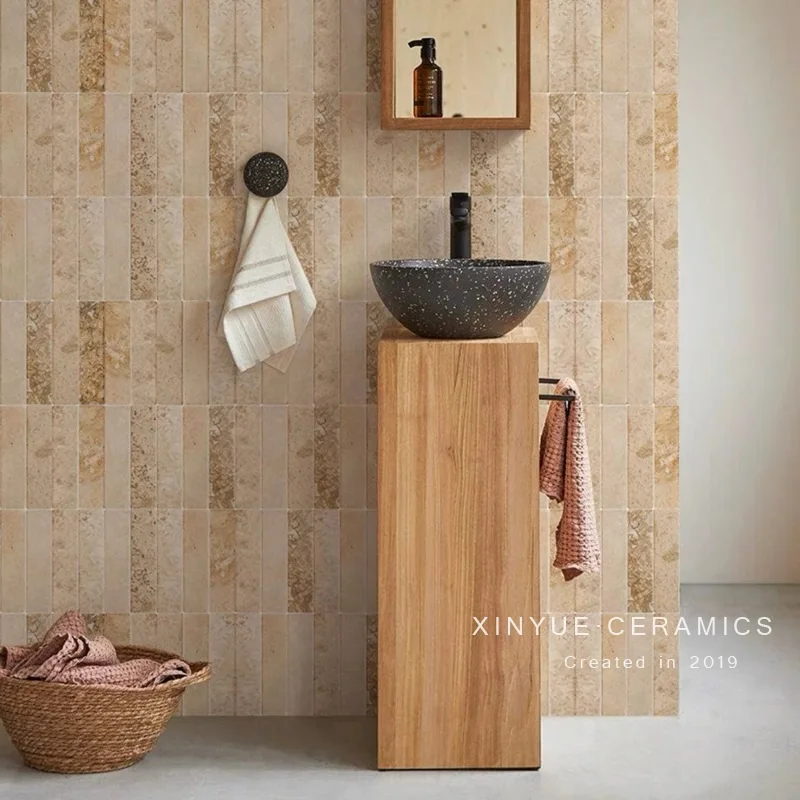 Travertine Dark Beige Bricks Look Porcelain Tiles 5x20cm, Matte Finish for Kitchen Bathroom Wall