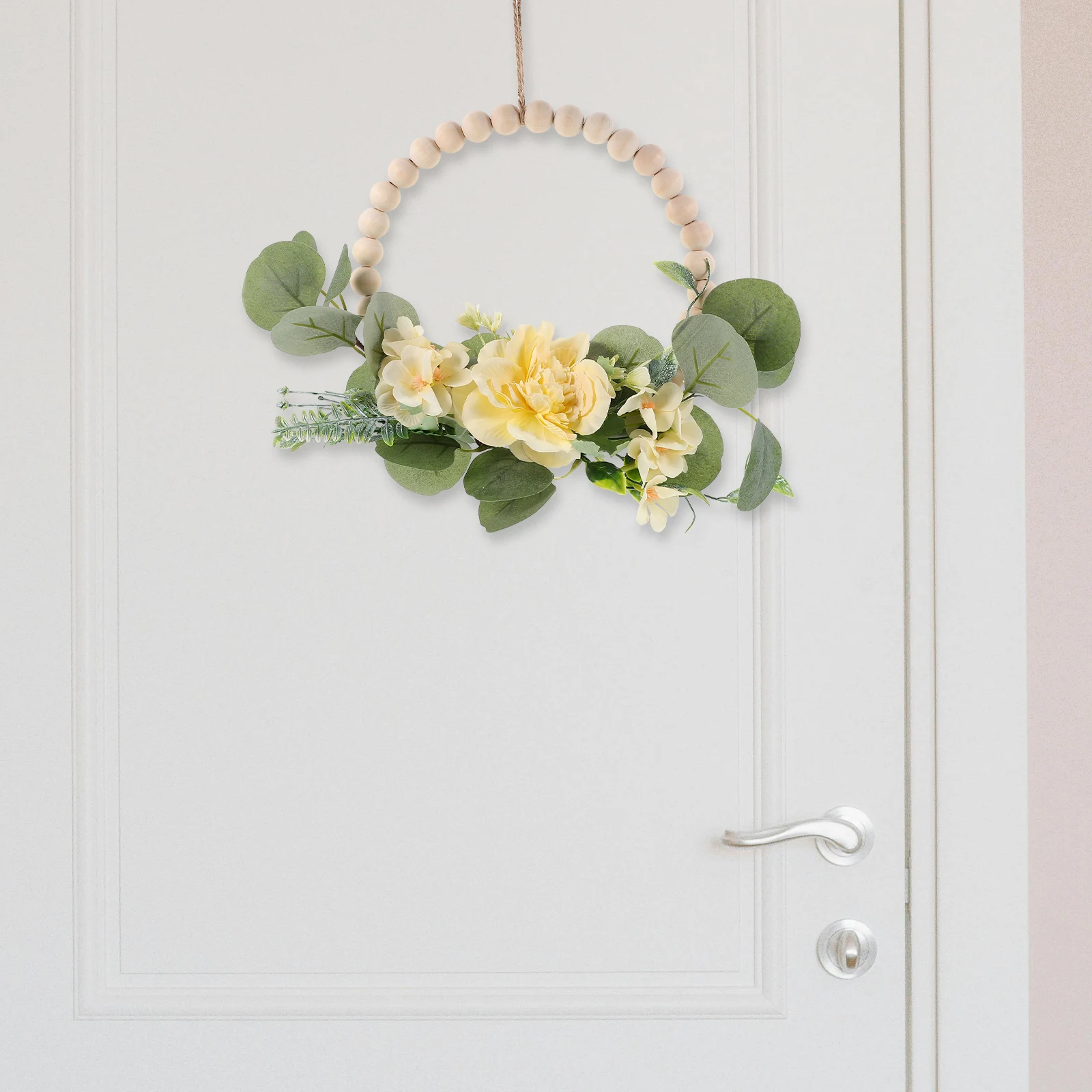 

Wooden Beads Wreath Rustic Front Door Decor Wall Hanging Artificial Flower Garland Farmhouse Style Beaded Door Sign Vintage Home