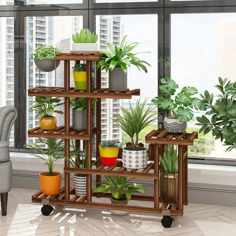 Balcony Flower Rack Multi-Layer Indoor Space Saving Floor-Standing Decorations Storage Rack Living Room Solid Wood Design