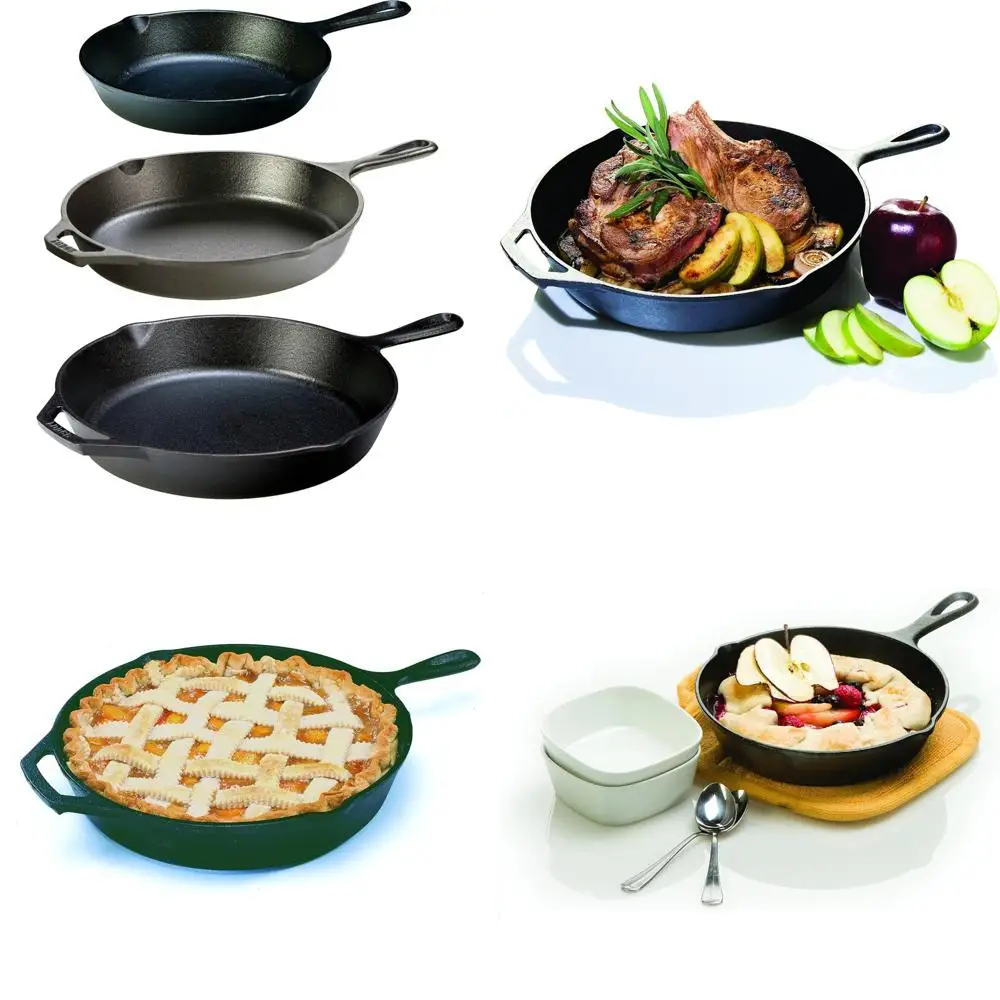 حزمة مقلاة من الحديد الزهر - 12، 10.25، و8 مجموعات من 3 مقالي، متبلة للطهي