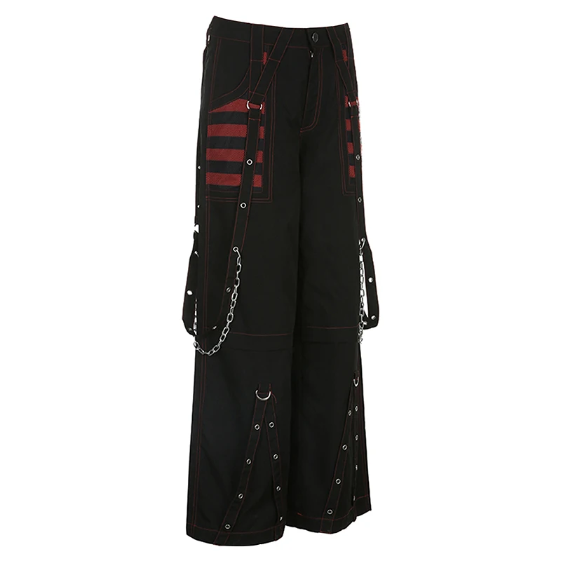 Women Gothic Chain Bandage Wide Leg Pants Women Oversize Low Rise Dark Academic Trousers Streetwear 90s Baggy Pant Punk Style