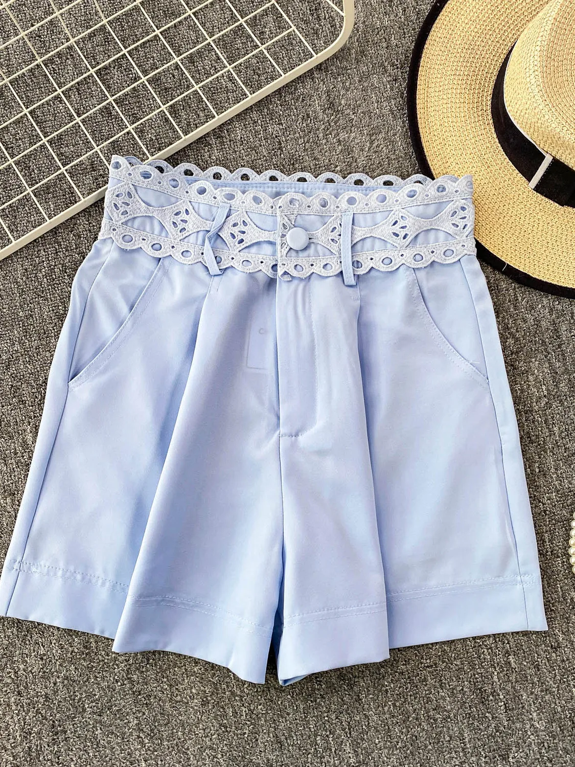 Pantalon bleu taille haute à jambes larges pour femmes, Design Faion d'été, épissure en dentelle, orthès amincissant, pantalons décontractés coréens