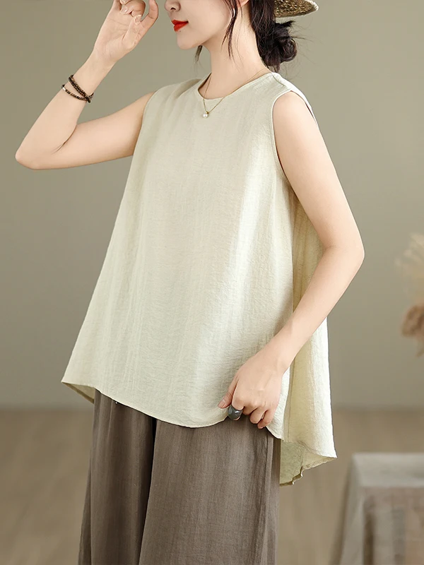 

Casual Cotton Linen Tank Top Women's Svel irt Loose Fit Pure Color Versatile Summer New Sle round Ne Open Ba