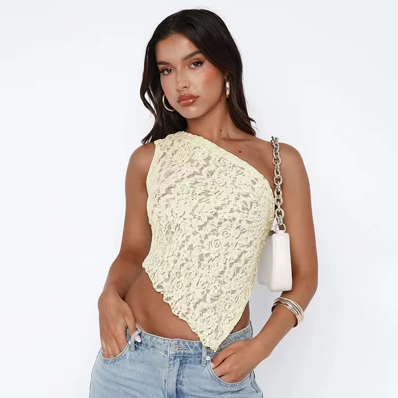 Summer New Fashionable Solid Color Amazon Lace Open Waist Asymmetric Slant Neck Luxury Top for Women