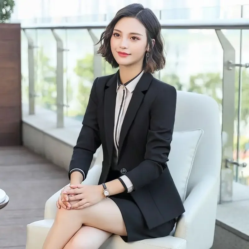 Blazer da lavoro solido da donna premium Nero con un bottone su misura Elegante abbigliamento da lavoro per hotel Cappotto professionale Primavera Autunno
