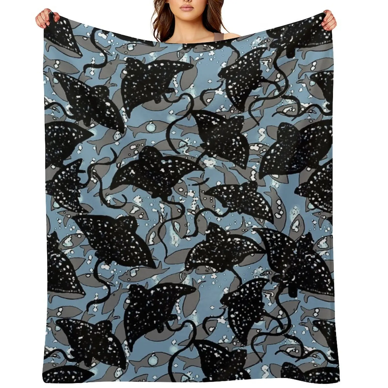 Black Spotted Eagle Ray School of Fish Pattern Throw Blanket Bed Fashionable Polar Personalized Gift Thermal Blankets