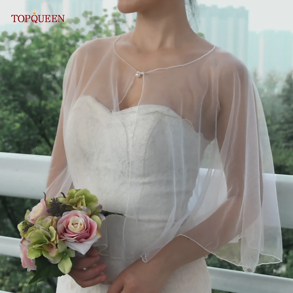 TOPQUEEN semplice Tulle scialle estate trasparente abito Cardigan mantello da sposa camicetta da sposa camicetta senza maniche Vg89 personalizzabile