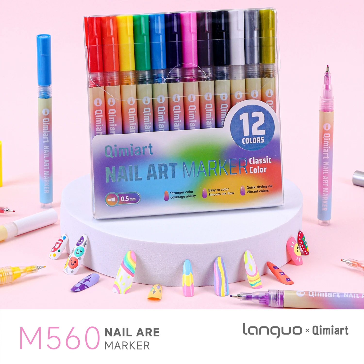 Languo 12-Color Nail Art Markers, 0.5mm Acrylic Paint Pens, Valve-Type Ink Control for Smooth Ink Flow, Quick-Drying and Highly