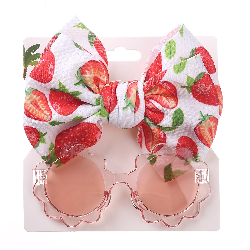 2Pcs/Set Flower Baby Sunglasses Fruit Print Bullet Nylon Hair Bands Headbands Boys Girls Seaside Mental Eyeglasses Kids Headwear