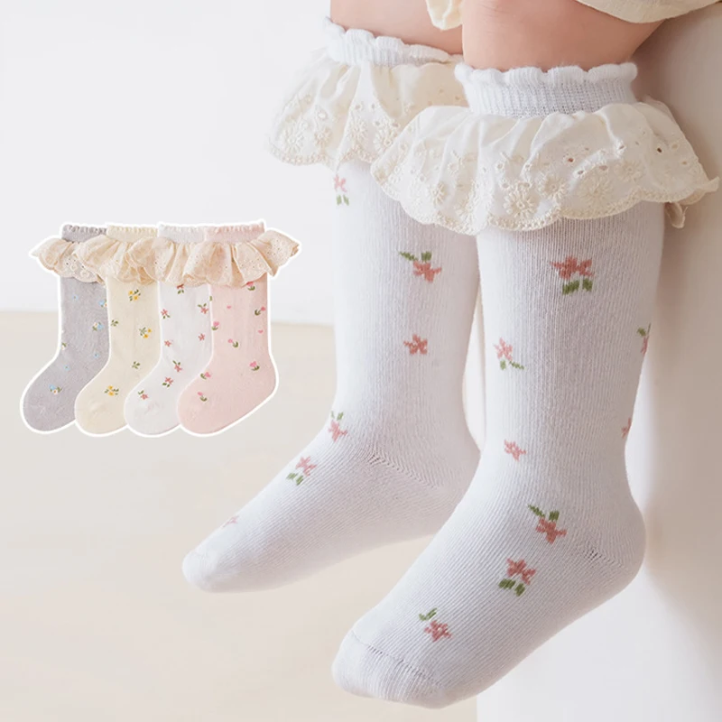 Baby Girls Socks Lace Ruffle Knee High Socks Floral Print Cotton Kids Girls Socks Princess Dress Toddler Long Socks for Girls
