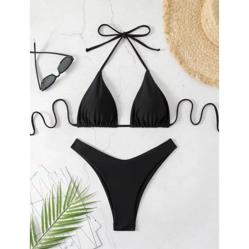 

New Bikini Set Women Sexy Simple Solid White/Black/Coffee Halter Bikini Swimsuit Lace Up Brazilian Beach Bathing Suit
