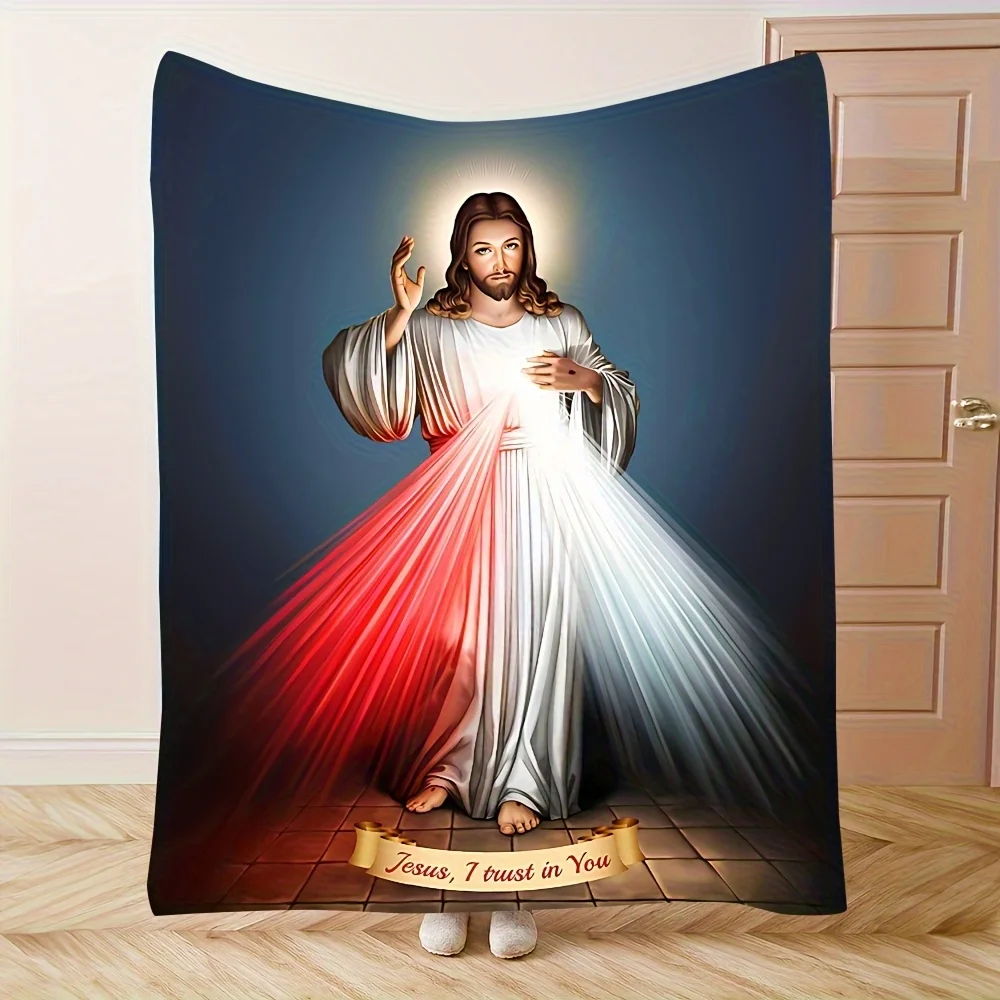 

280gsm Heavy-Duty Jesus Sacred Heart Religious Blanket - Soft Flannel Prayer Throw with Red & Blue Jesus, All-Season Christian