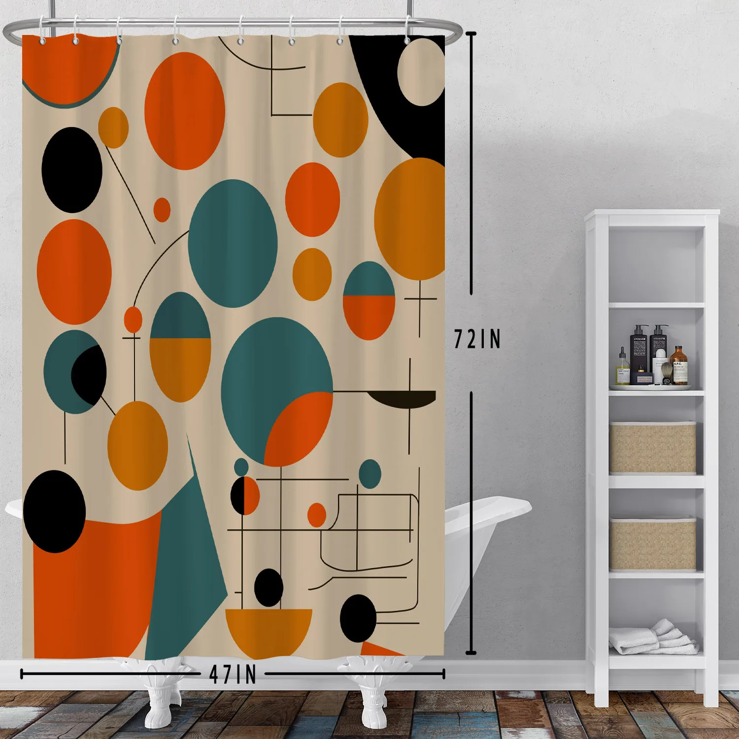 Blue Orange Geometric Round Line Shower Curtain Japan Noren Modern Artistic Bath Partition Waterproof Hanging Curtain With Hooks