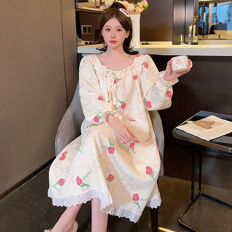 

2024 New Plus Size Sleepwear 100kg Pajama Dress Women Long Sleeved Cartoon Mid Length Sleepshirts Ruffled Lace Loose Loungewear