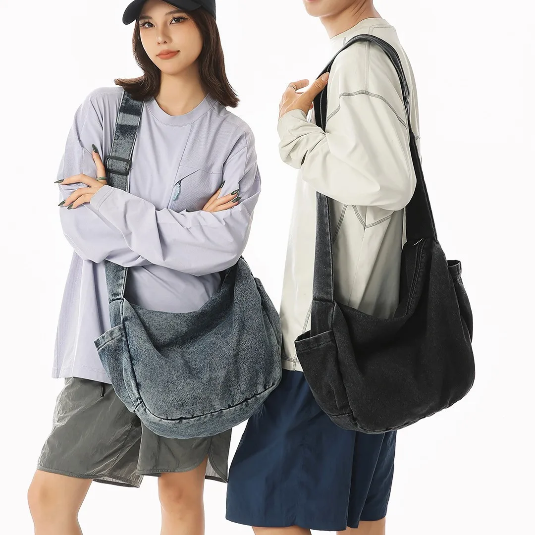 Washable denim crossbody bag - same style for both men and women, large capacity tote bag, student single shoulder bag