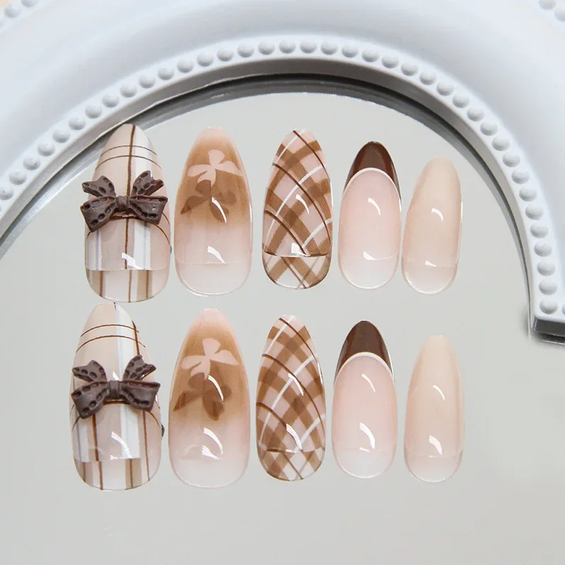 24pcs Medium Length Fashionable Brown Checked French Bow Fake Nails Almond-Shaped Glossy Finish False Nails-for Women and Girls