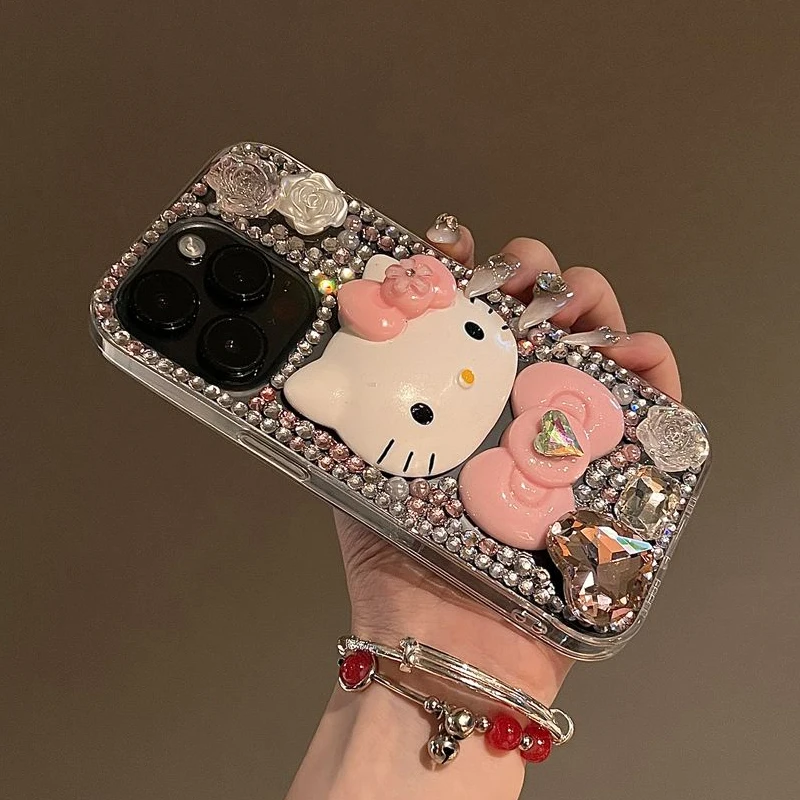 High Face Value Anime Hello Kitty Diamond Bow Phone Case Suitable for 15/14 Kawaii 13Promax 12Pro All Inclusive Case Girl Gift