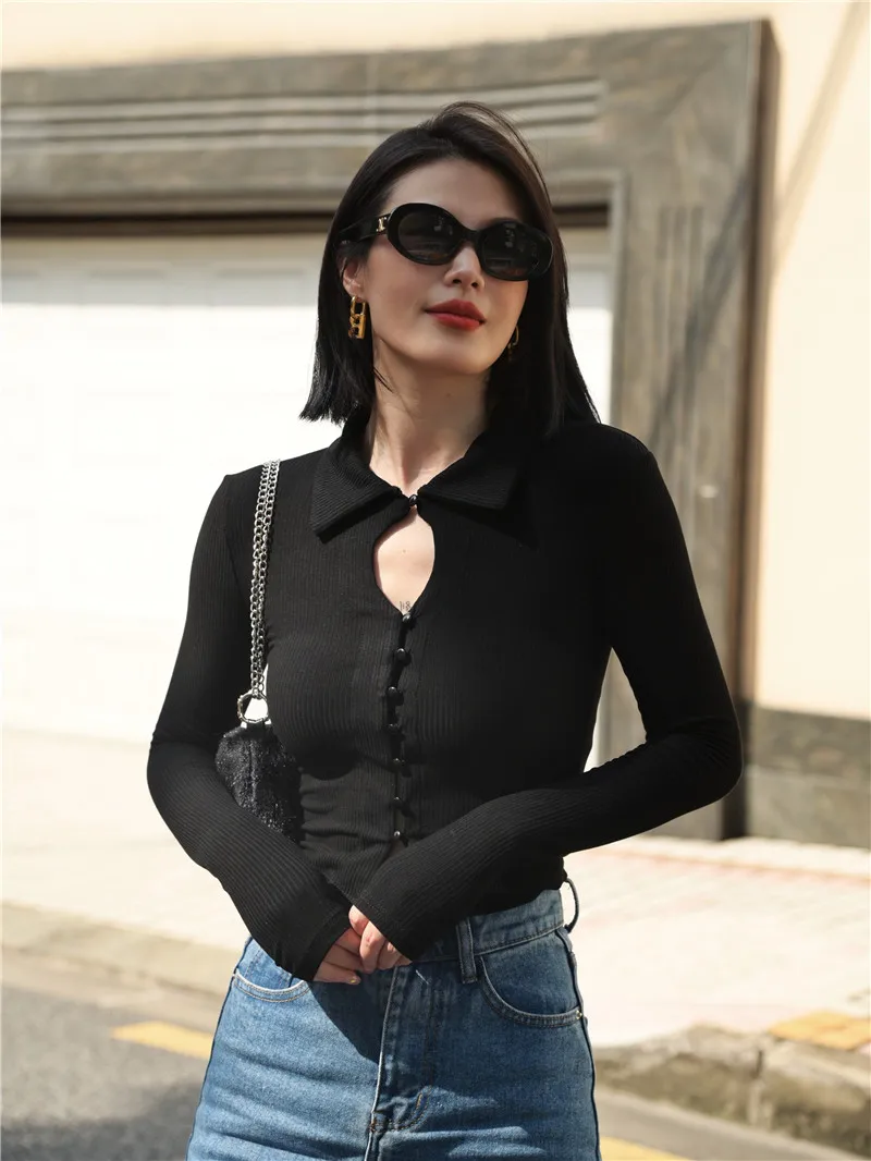 Women Button Through Long Sleeve T-shirt With Collar And Cut Out Detail