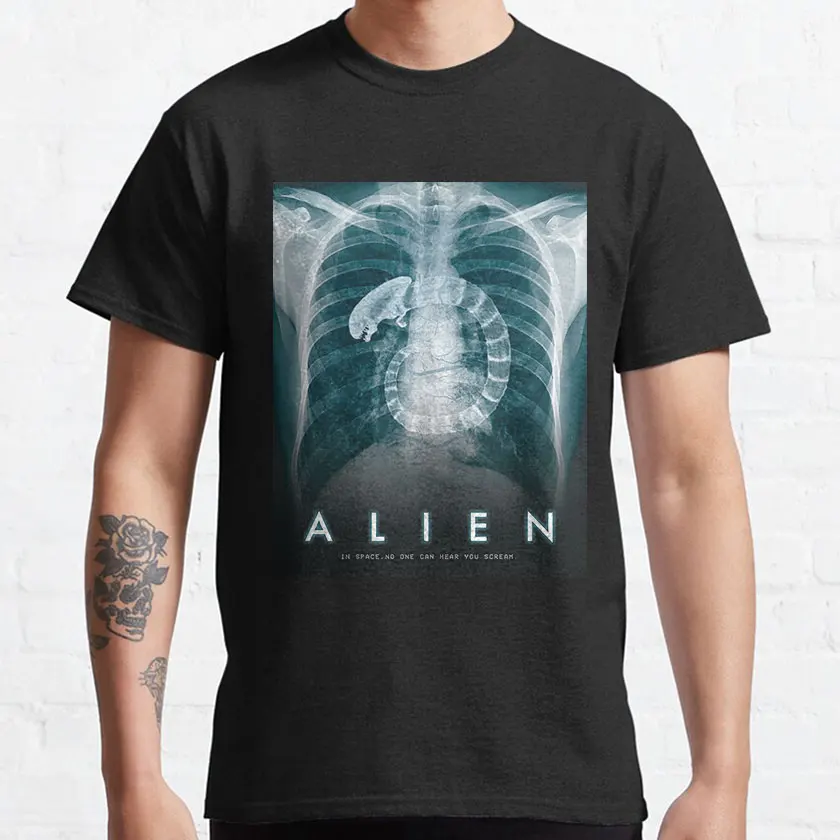 Vintage Alien movie scary alien 1979 xenomorph horror film Weyland-Yutani chestburster X-ray printed t shirt plus size clothing