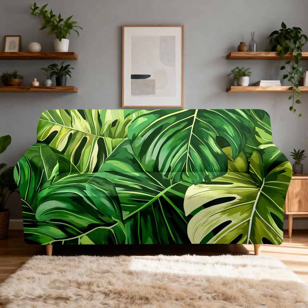 1pc tretch Sofa Cover, Vibrant Tropical Monstera Leaf Print Couch Slipcover for Living Room