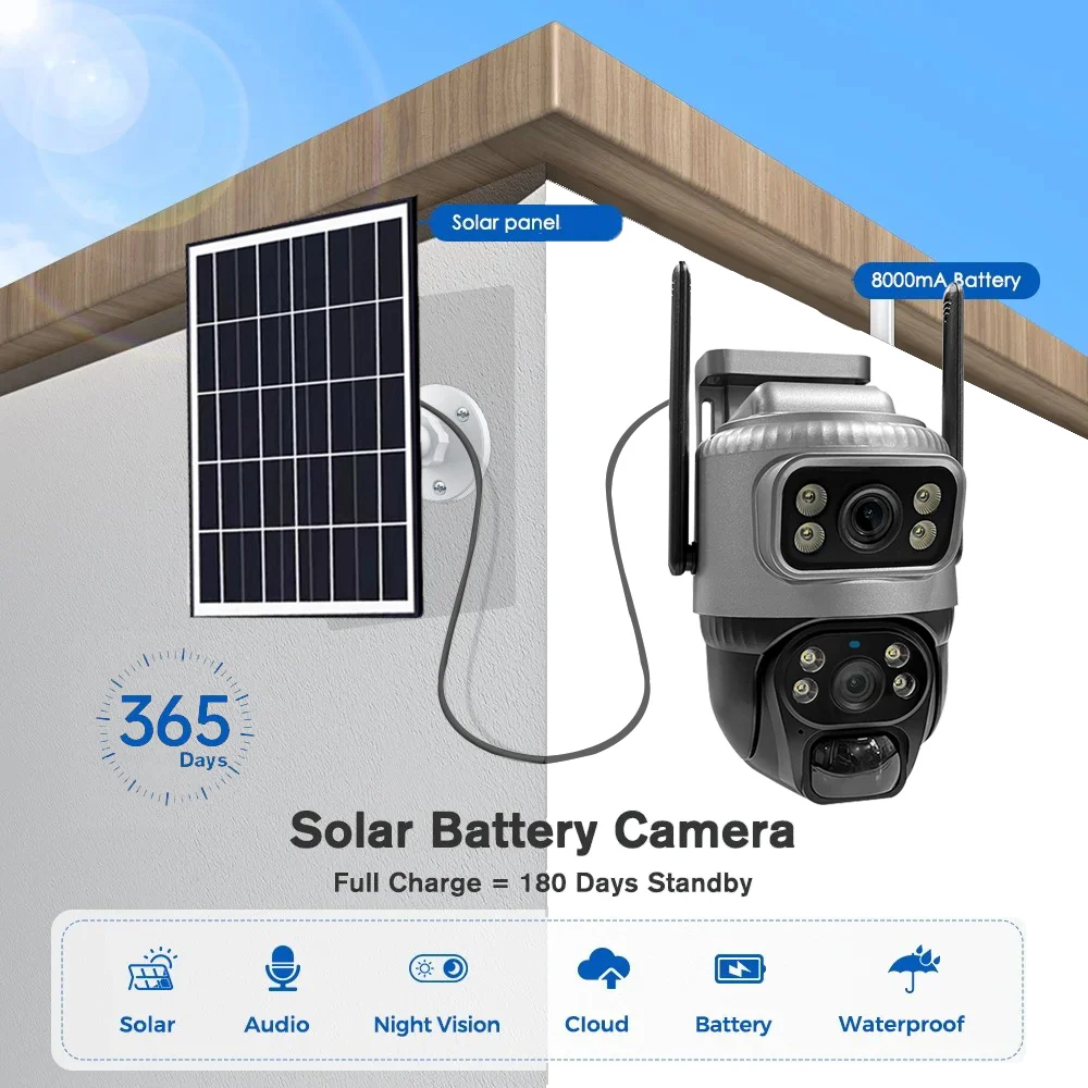 Solar-4G-Kamera für den Außenbereich, kabellos, 8 MP, Dual-Screen-Sicherheitsmonitor 360 ° Vorschau PIR Auto Tracking Smart Home Drahtlose CCTV-Kamera – Detail 1