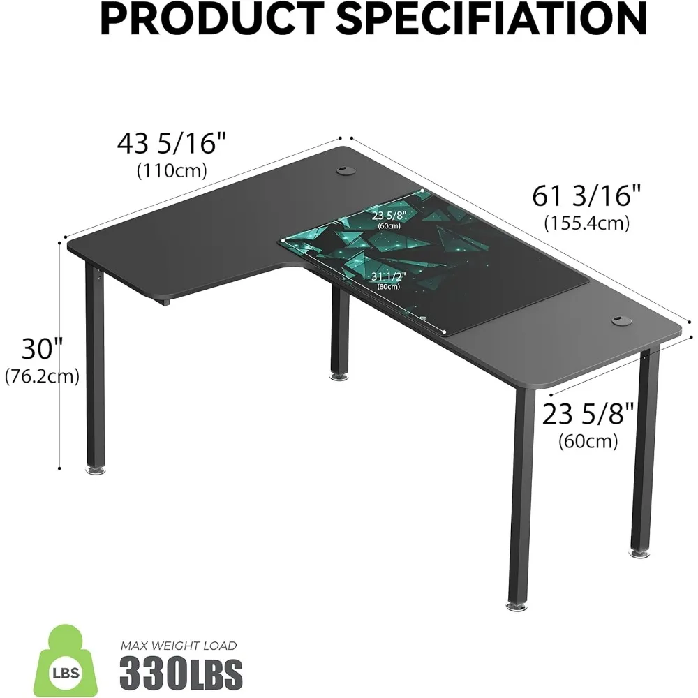 60 Inch L Shaped Gaming Desk, Corner Computer Desk, Home Office Study Writing Desk, Gaming Workstation with Large Mouse Pad