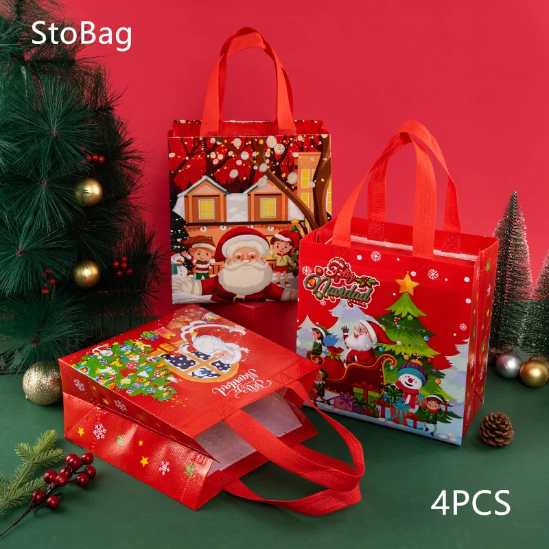 

StoBag-Christmas Non-Woven Fabric Bag Gift Bag Candy Snack Chocolate Food Clothes Packing Wedding Home Decoration Supplies 4Pcs