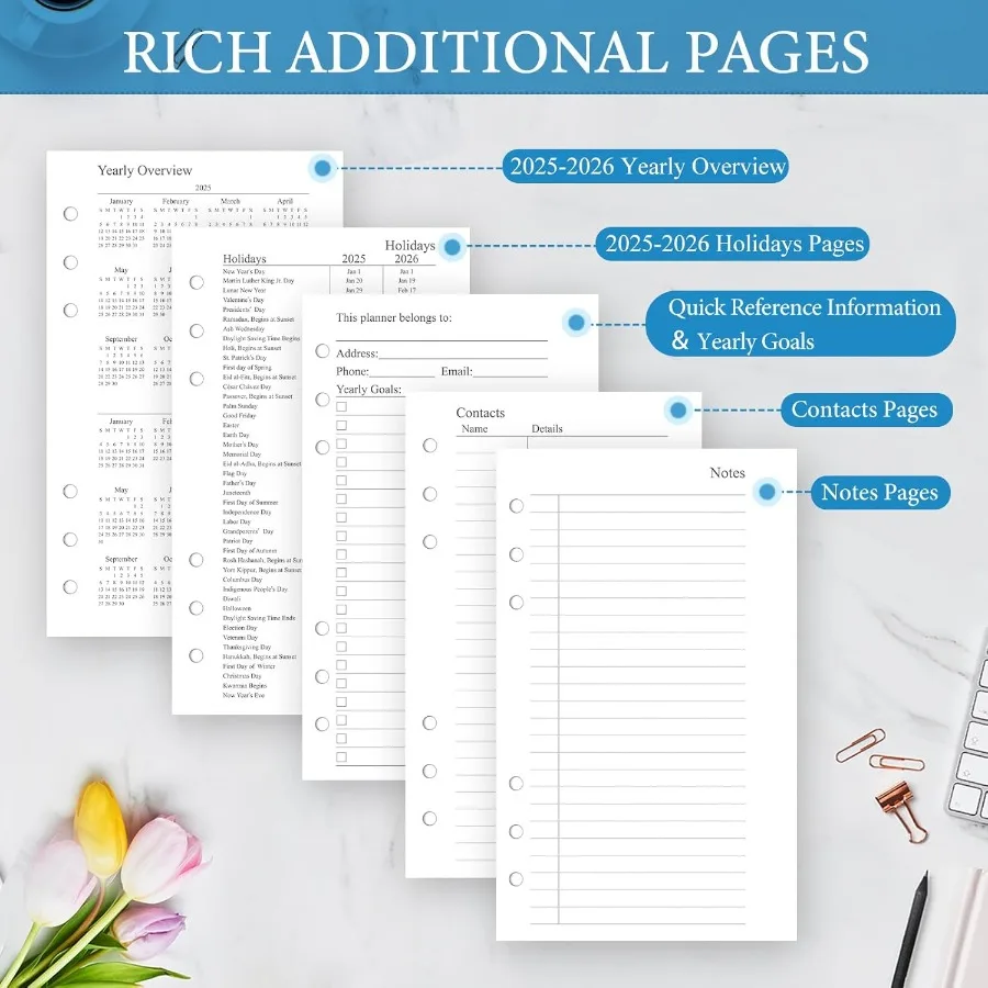 20252026 مخطط شهري إعادة تعبئة A6 إدراجات مخططة لـ 6 حلقات 3.8 بوصة × 6.8 بوصة يوليو 2025 يونيو 2026 12 تقاويم شهرية مع T محدود