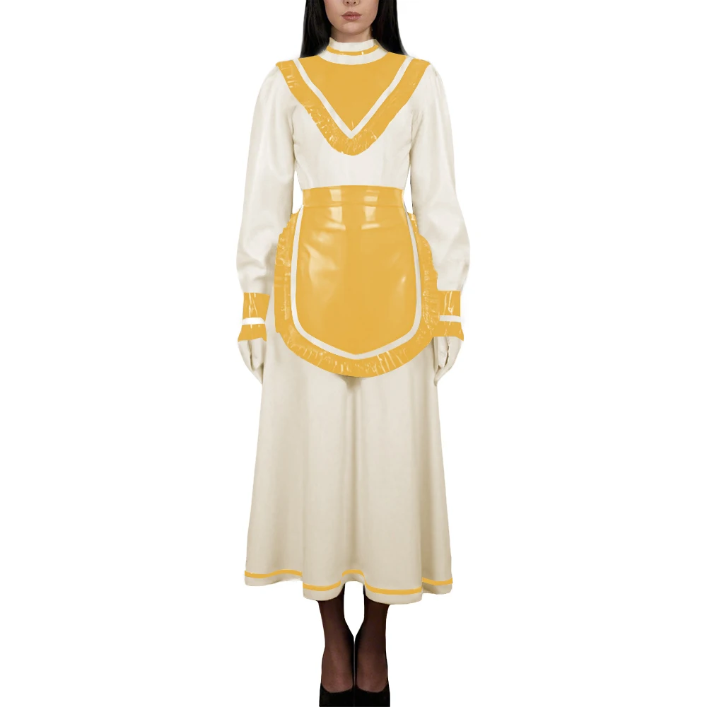 

Women's High Neck Sweet Maid Dress Glossy PVC Leather Crossdresser Cosplay Maid Uniform Fetish French Apron Sissy Party Dress