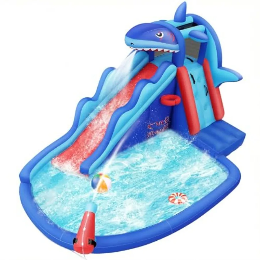 Outdoor inflatable water slide for backyard use PVC material blue and white color features shark design with climbing wall bask