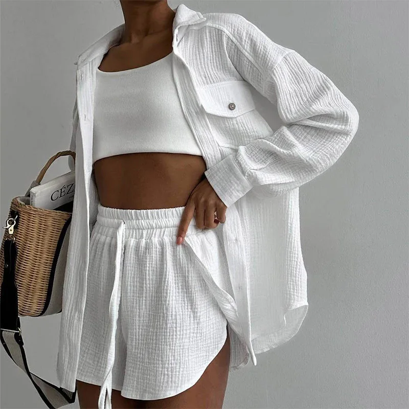 Cotton Two Piece Shorts Sets Summer Clothes Women Shirts Turn Down Collar Pockets Long Sleeve Tops Casual Outfit High Waist Suit