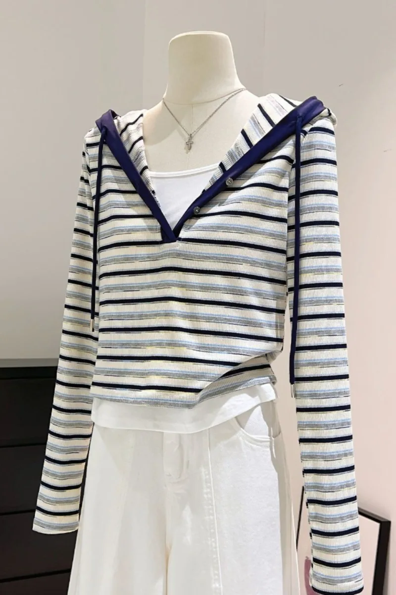 Women Clothes Spring Autumn Fashion Simplicity Striped Contrasting Colors Fake Two Pieces Female Long Sleeve Appear Thin Cardiga