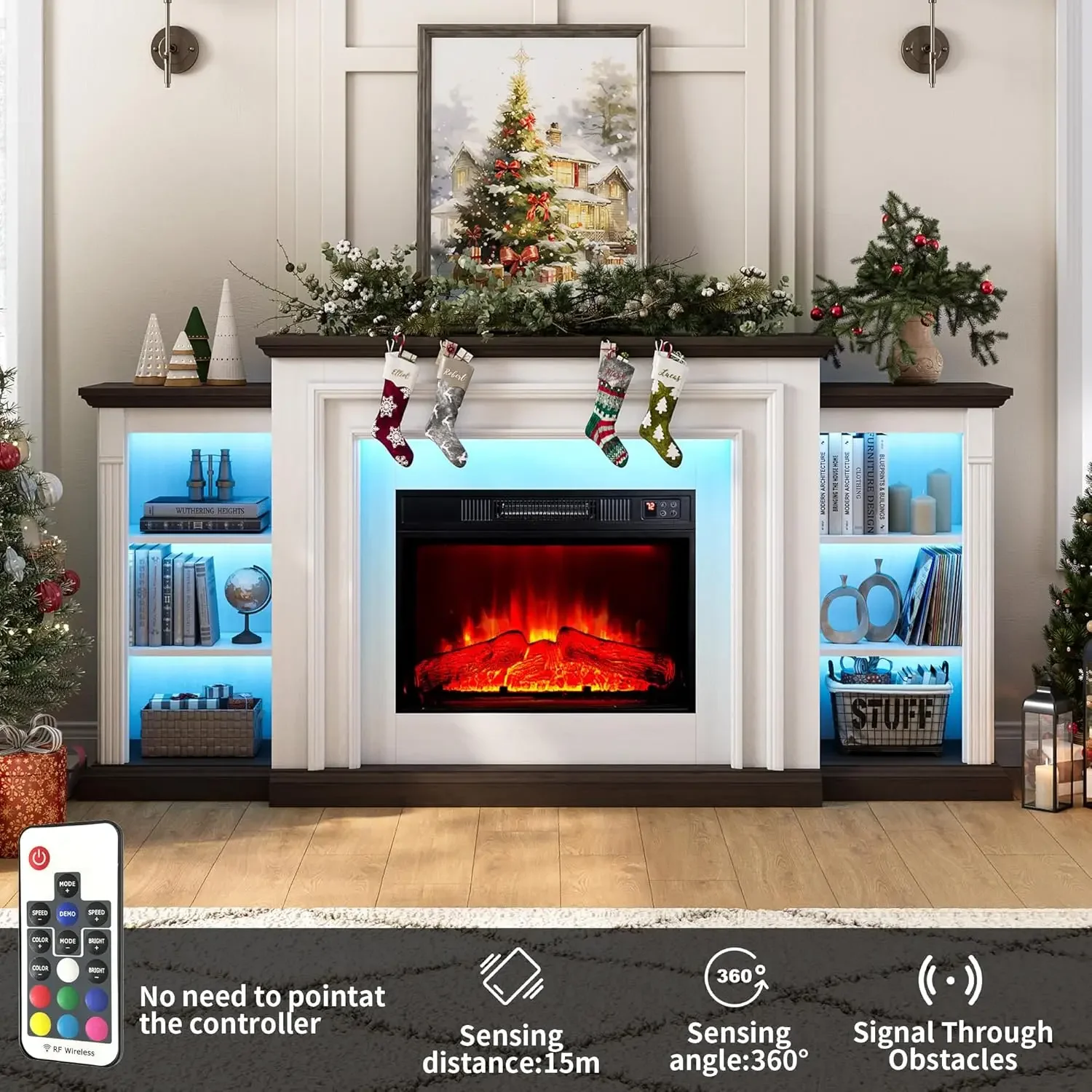 Lights Electric Fireplace with Mantel, Fireplace TV Stand for TVs Up to 80",Modern Entertainment Center with Storage, Delicate T