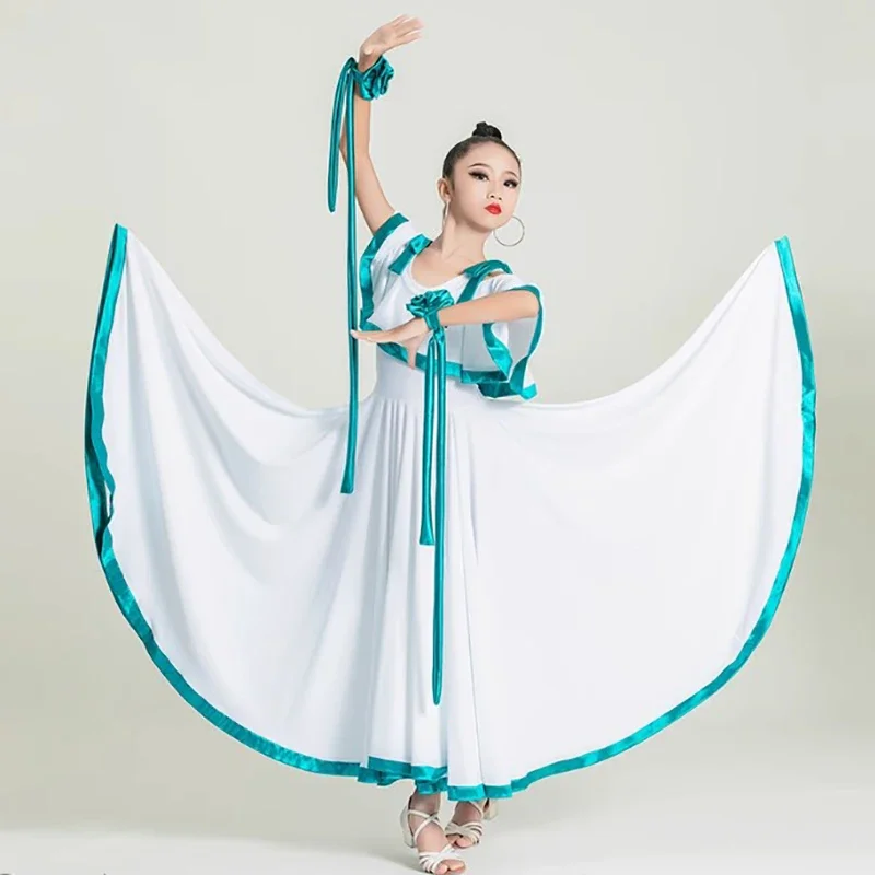 

Kids Girls Figure Skating Dress Cutout Shoulder Ballroom Dancing Modern Dancewear Waltz Social Dance Large Swing Skirt Costumes