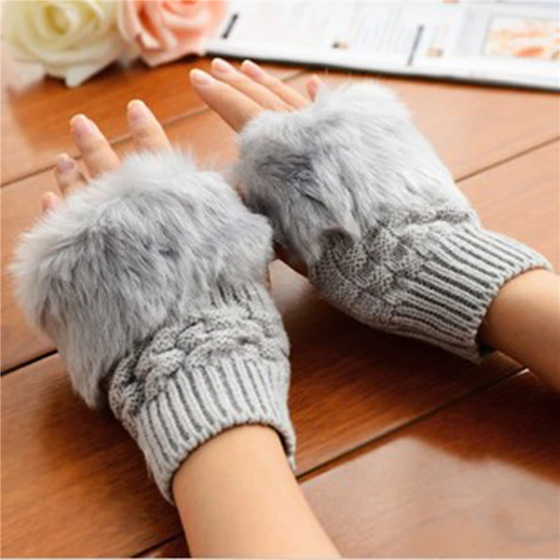 Guantes de invierno para mujer, manopla corta de moda cálida de calidad tejida de felpa dulce, guantes de medio dedo sin dedos para mujer