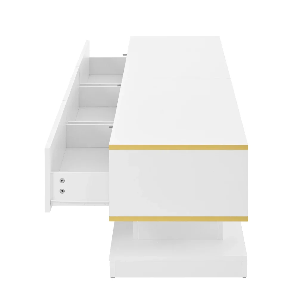 Moderner TV-Ständer mit 3 Schubladen, warmweißes Lowboard, goldener Rand, Wohnzimmer-Aufbewahrungsschrank – Detail 19